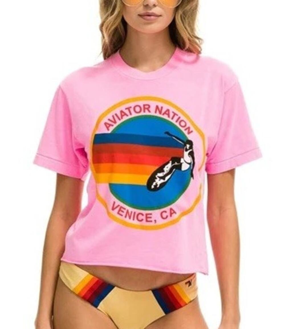 Aviator Nation Womens Venice Surfer Graphic Tee Size L Pink Raw Hem Indie Casual